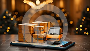 Truckload, commercial vehicle with many Corton boxes. Express delivery mobile app. Track shipments and parcels on your smartphone