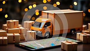 Truckload, commercial vehicle with many Corton boxes. Express delivery mobile app. Track shipments and parcels on your smartphone
