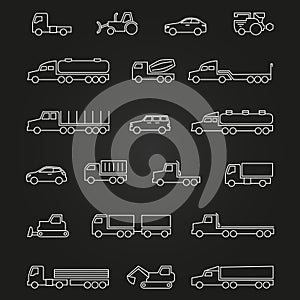 Trucks, cars, machines line icons of set