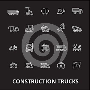 Trucks construction editable line icons vector set on black background. Trucks construction white outline illustrations
