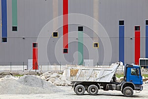 Trucks construction site. Concrete, cement and building materials