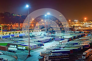 Trucks, containers, port, night, Barcelona