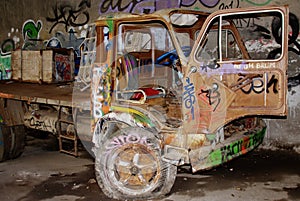 Trucks decorated with spray cans rave party