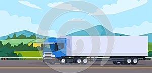 Trucks deliver goods to their destination. Logistics of products on the way. The truck is driving on the highway. Vector