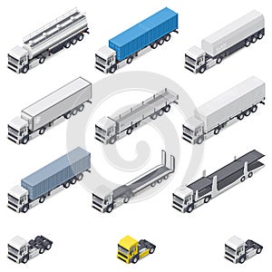 Trucks with different semi-trailers detailed isometric icons set