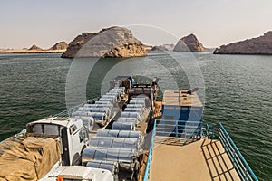 Trucks on a ferry crossing Lake Nasser, Egy