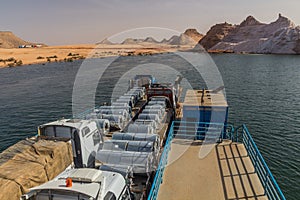 Trucks on a ferry crossing Lake Nasser, Egy