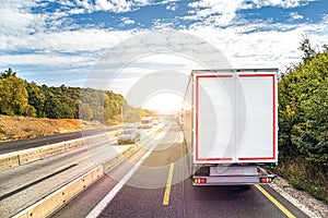 Trucks are on the freeway in traffic jam, one-way traffic is closed