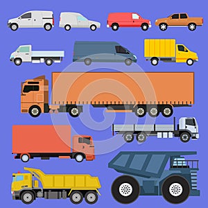 Trucks icons set shipping cars vehicles cargo transportation by road. Delivery vehicle car shipping trucks and rail car