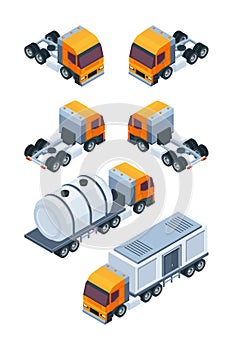 Trucks isometric. Pictures of various freight and cargo transport