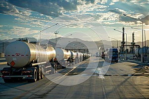 Trucks line up to be filled with refined petroleum products at an oil refinery in China.