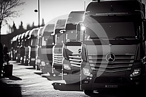 Trucks parked in a parking lot, freight transportation, logistics and transport