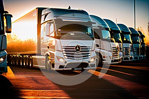 Trucks parked in a parking lot, freight transportation, logistics and transport