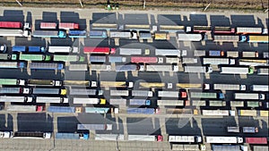 Trucks in the parking lot from a bird's eye view. Export of agricultural products to Europe.