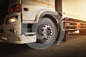 Trucks on Parking. Truck Wheels Tires. Tractor Lorry. Freight Trucks Cargo Transport Logistics.