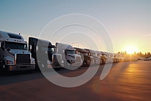 Trucks in a row on the road at sunset. Transport and logistics concept, Generative AI