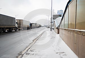 Trucks in a traffic jam at the customs of the border zone