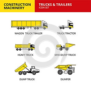 trucks and trailers vehicle construction machinery transport icons set