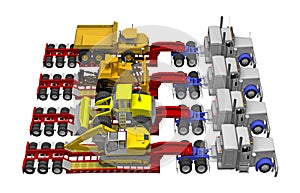 Trucks transporting construction equipment