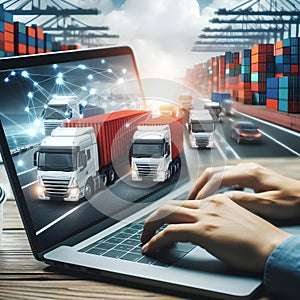 trucks transporting sea transport containers on the laptop of a logistician of a transport company on a blurred background