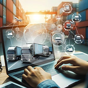 trucks transporting sea transport containers on the laptop of a logistician of a transport company on a blurred background