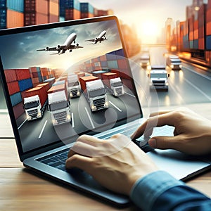 trucks transporting sea transport containers on the laptop of a logistician of a transport company on a blurred background