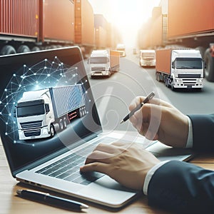 trucks transporting sea transport containers on the laptop of a logistician of a transport company on a blurred background