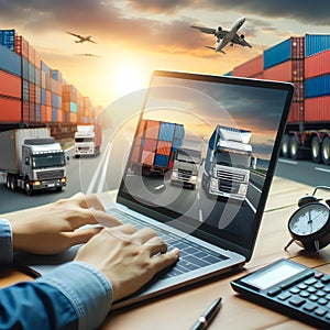 trucks transporting sea transport containers on the laptop of a logistician of a transport company on a blurred background