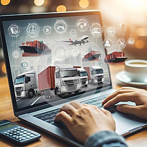 trucks transporting sea transport containers on the laptop of a logistician of a transport company on a blurred background