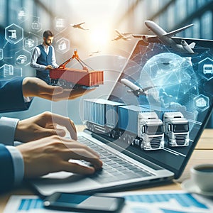 trucks transporting sea transport containers on the laptop of a logistician of a transport company on a blurred background