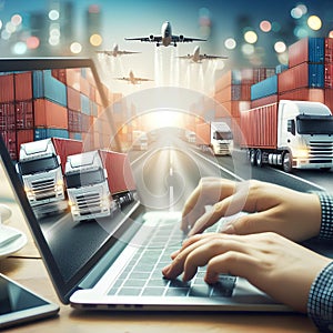 trucks transporting sea transport containers on the laptop of a logistician of a transport company on a blurred background