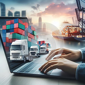 trucks transporting sea transport containers on the laptop of a logistician of a transport company on a blurred background