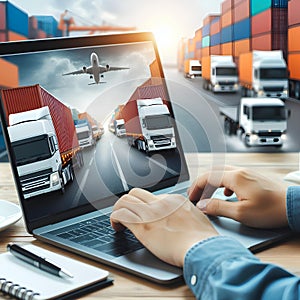 trucks transporting sea transport containers on the laptop of a logistician of a transport company on a blurred background