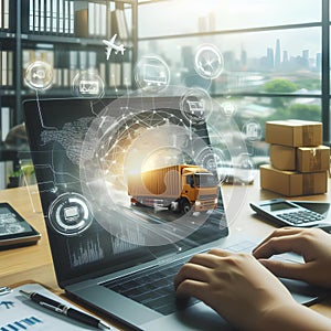 trucks transporting sea transport containers on the laptop of a logistician of a transport company on a blurred background