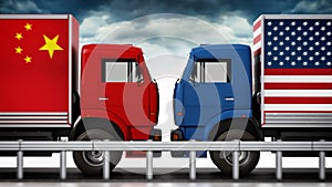 Trucks with USA and China flags come across in narrow road. 3D illustration