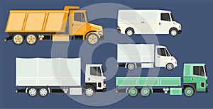 Trucks or vans collection with load transportation vehicles side view