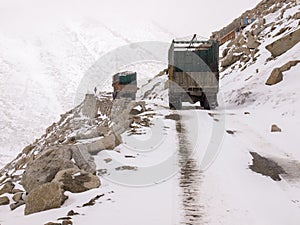 Trucks was running on the road on the mountains