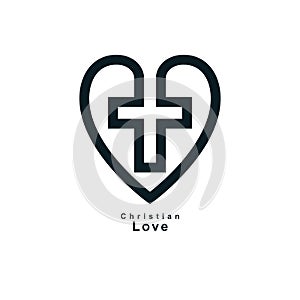 True Christian Love and Belief in God, vector creative symbol design, combined Christian Cross and heart.