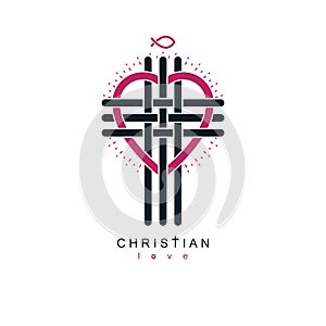 True Christian Love and Belief in God, vector creative symbol design, combined Christian Cross and heart.