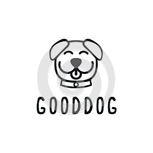 True Dog Friend logo design template. Graphic sitting puppy logotype, sign and symbol. Pet silhouette label illustration isolated