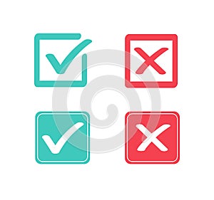 True and false flat icons. Green check mark and red cross icon. Yes or No symbol. Vector illustration