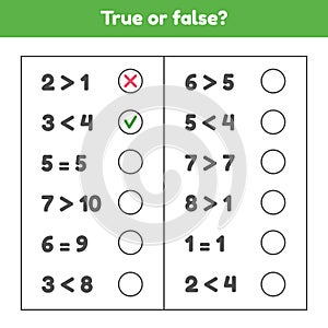 True or false. More, less or equal. Educational math game for kids preschool and school age