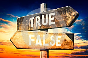 True, false - wooden signpost, roadsign with two arrows