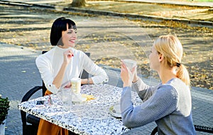 True friendship friendly close relations. Conversation of two women cafe terrace. Friendship meeting. Sharing thoughts