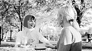 True friendship friendly close relations. Conversation of two women cafe terrace. Friendship meeting. Togetherness