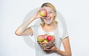 True happiness. orchard, gardener girl with apple basket. autumn harvest. Spring seasonal fruit. farming concept