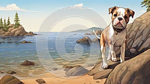Nostalgic Children\'s Book Illustration: Bulldog Puppy On Newfoundland Shores photo