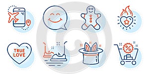 True love, Bumper cars and Flight destination icons set. Hat-trick, Shopping cart and Heart flame signs. Vector