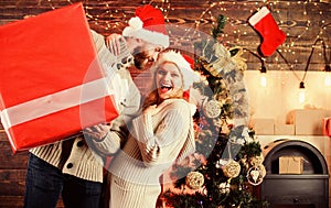 True passion. family christmas party. winter season sales. woman and man love xmas. happy new year. Santa gift delivery