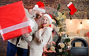 True passion. family christmas party. winter season sales. woman and man love xmas. happy new year. Santa gift delivery
